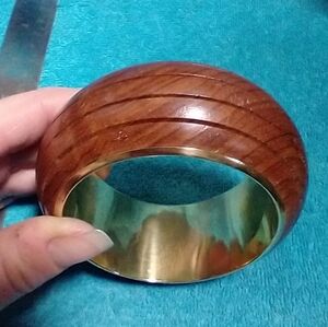 Wooden Brass Bangle Bracelet Wide Large Vintage